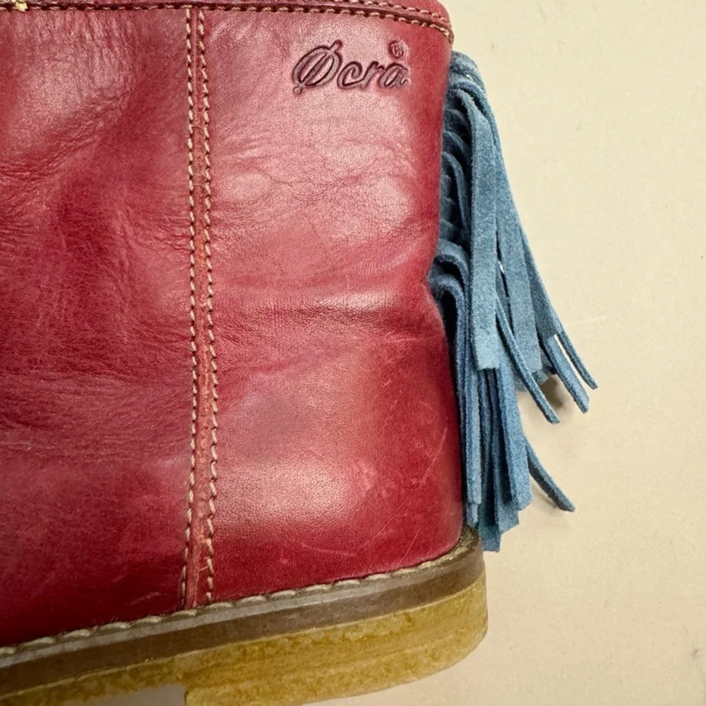 Ocra Distressed Red bootie with Blue suede Fringe. Size 21/5. Great condition